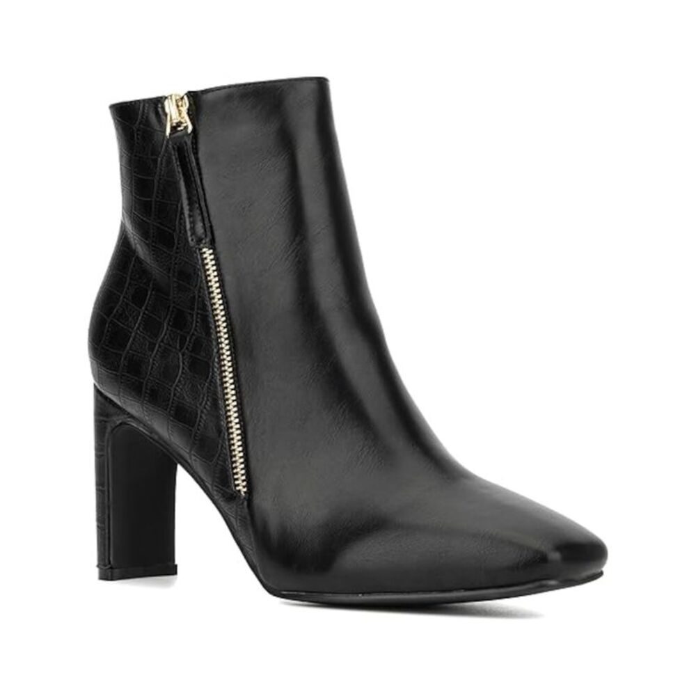 NWT NY COLLECTION Womens Black Back Croc Print Block Heel Leather Booties 10